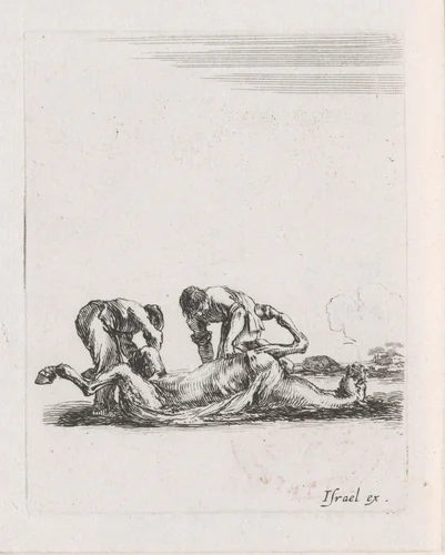 Twee mannen villen een paard by Stefano della Bella, print, 1620-1664