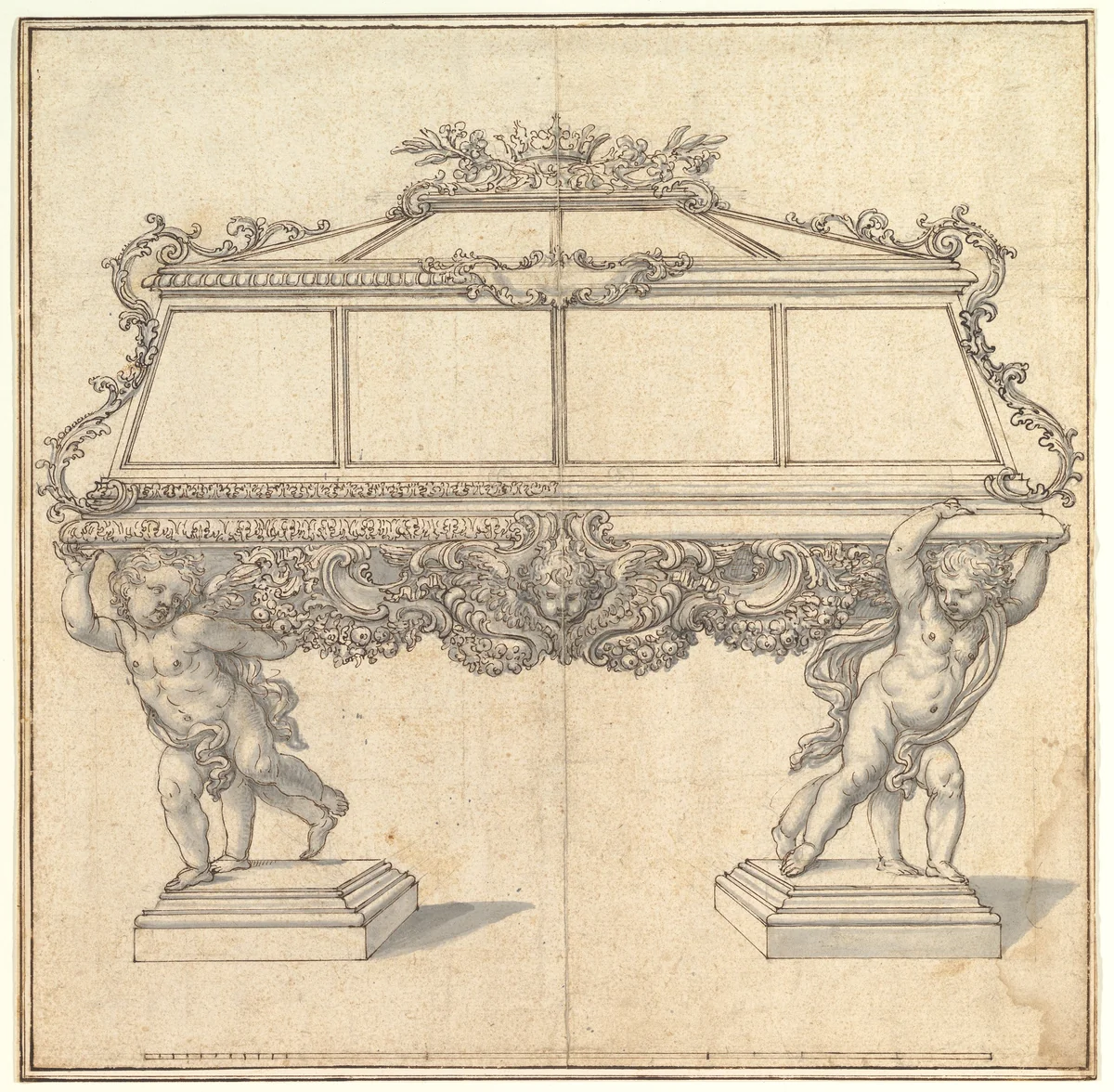 Design for a Sarcophagus Supported by Putti for the Church of S. Maria Maddalena de' Pazzi, Florence by Giovanni Battista Foggini, drawing, 1652-1725
