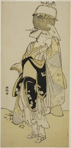 The Actor Ichikawa Yaozo III as Shiragiku in the Dance Sequence "Shinobu Uri" in the Play Hatsuhana Mimasu Soga, Performed at the Nakamura Theater in the First Month, 1785 by Katsukawa Shunko, print, 1780-1790