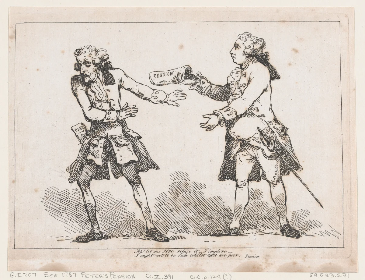 Ah' let me Sire refuse it..., from Peter's Pension by Peter Pindar, Esq. by Thomas Rowlandson, print, 1787