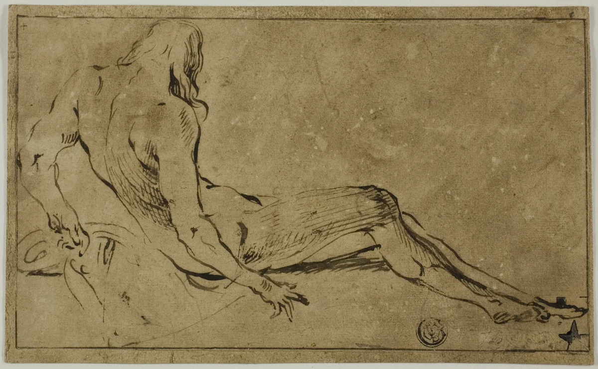 Reclining Male Nude, from Behind by Ferraù Fenzoni, drawing, 1589-1593