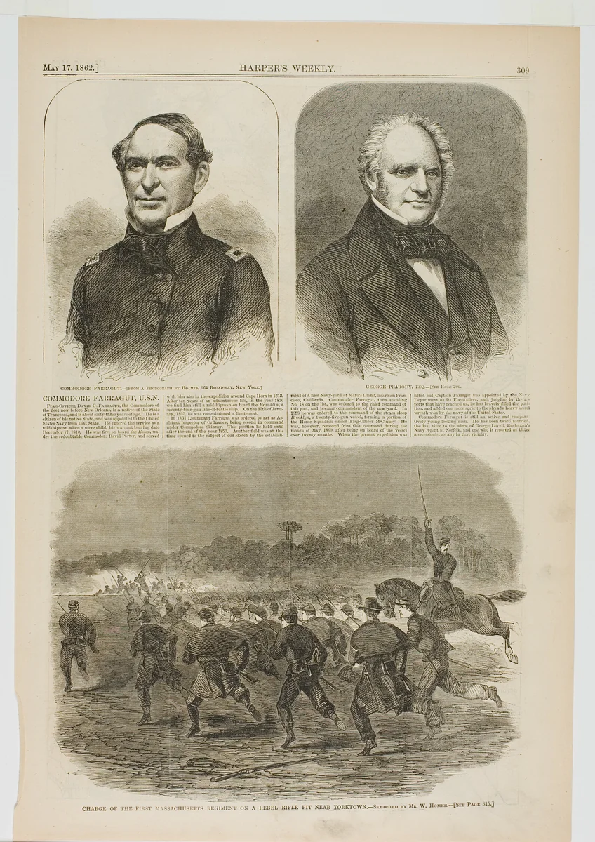 Charge of the First Massachusetts Regiment on a Rebel Rifle Pit near Yorktown by Winslow Homer, print, 1862