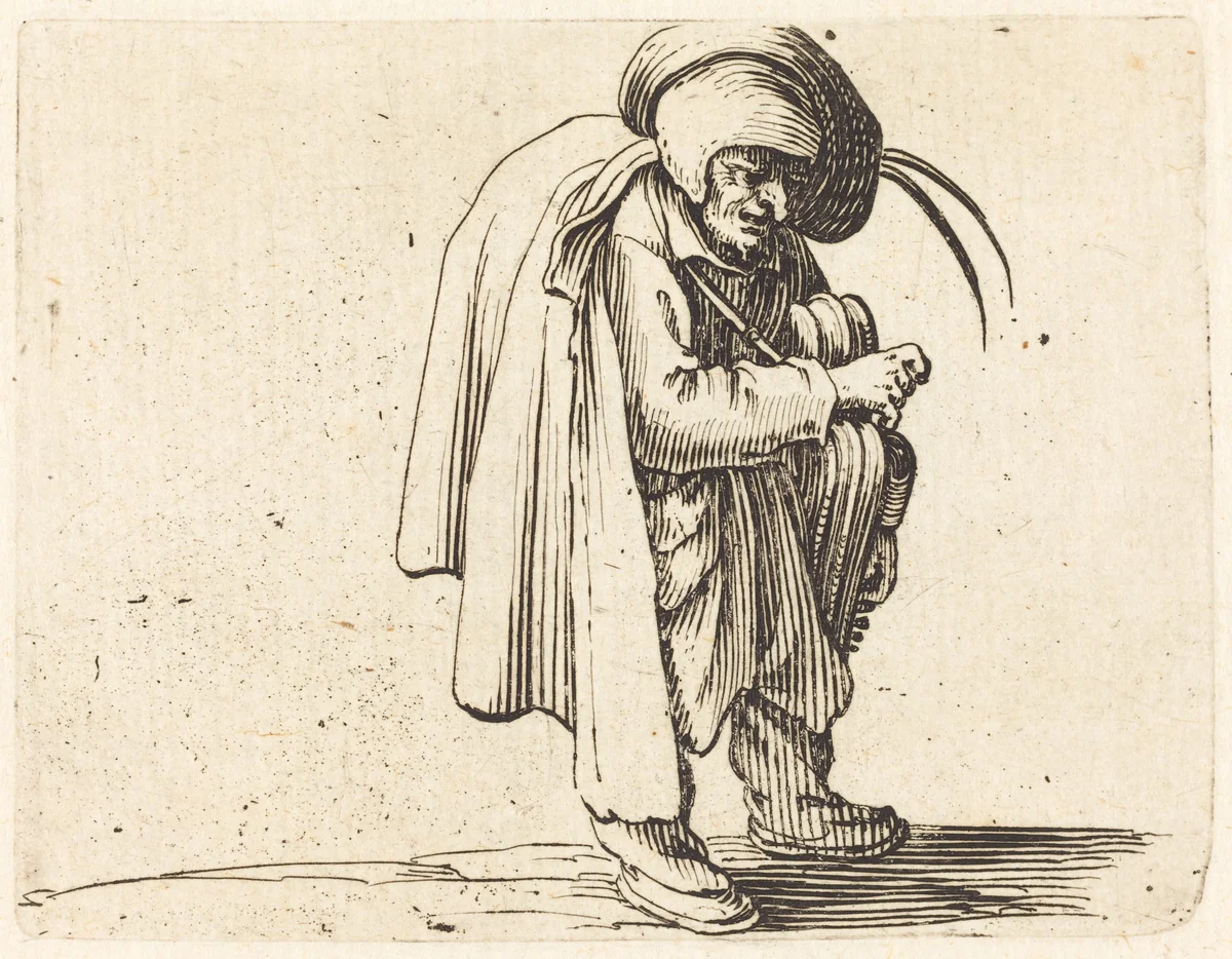 The Hurdy-Gurdy Player by Jacques Callot, print, 1622