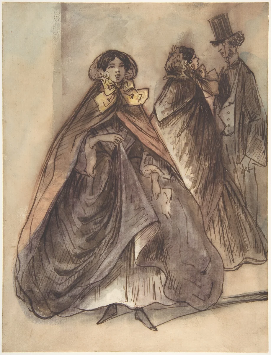 Two Women and a Man with a Top Hat and a Monocle by Constantin Guys, drawing, 1815-1892