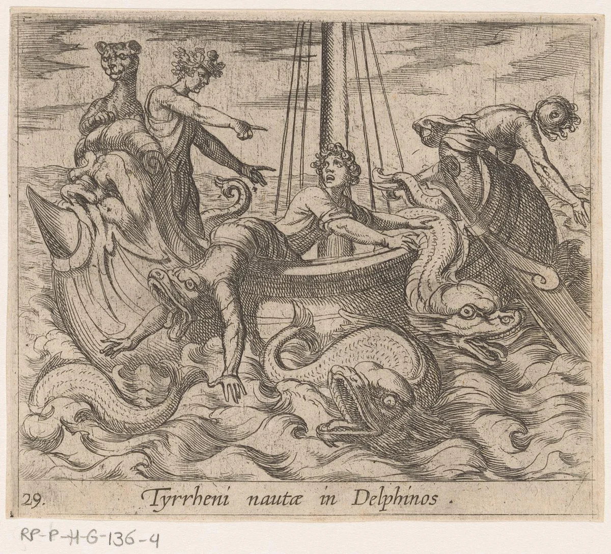 Bacchus verandert zijn ontvoerders in dolfijnen by Antonio Tempesta, print, 1606-1638