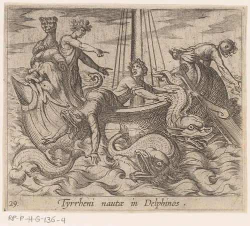 Bacchus verandert zijn ontvoerders in dolfijnen by Antonio Tempesta, print, 1606-1638