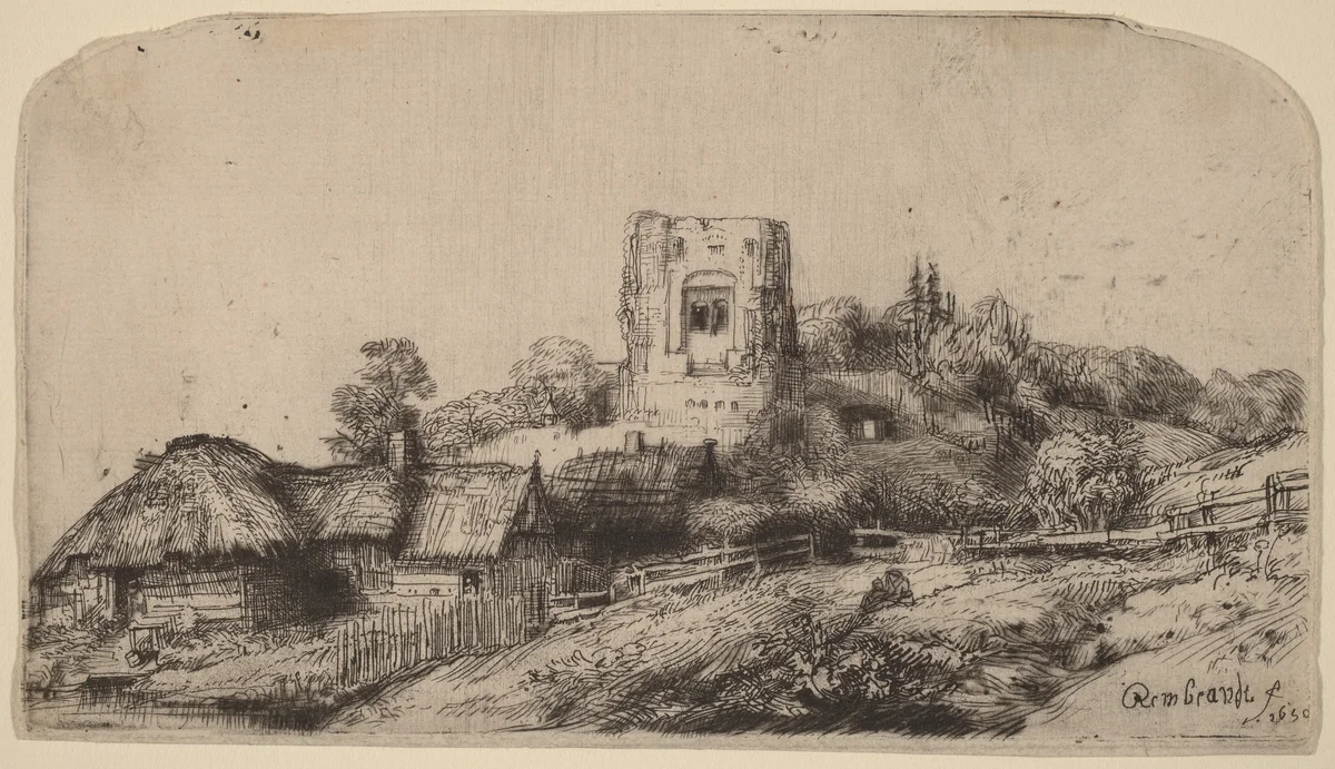 Landscape with a Square Tower by Rembrandt van Rijn, print, 1650