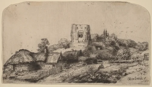 Landscape with a Square Tower by Rembrandt van Rijn, print, 1650