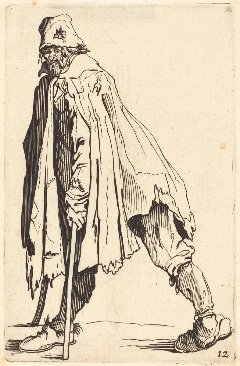 Beggar with Crutches and Cap by Jacques Callot, print, 1622-1699