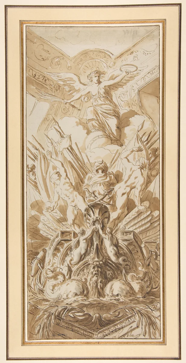 Corner of the Ambassador's Staircase at Versailles (recto); Sketches of Figures and Dolphins (verso) by Pierre Lélu, drawing, 1755-1810