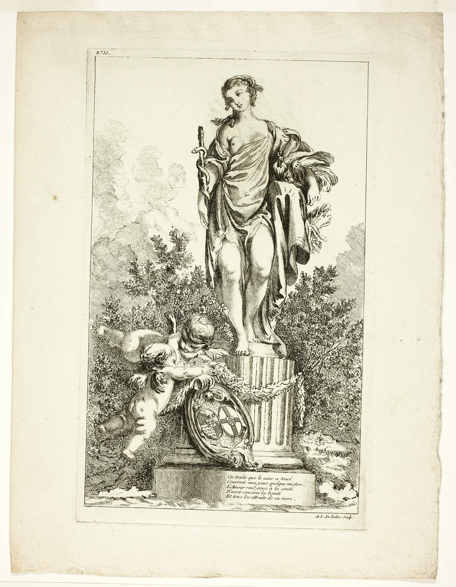 Two Lovers Giving Thanks to the Statue of Health by Ange Laurent de La Live de Jully, print, 1745-1779