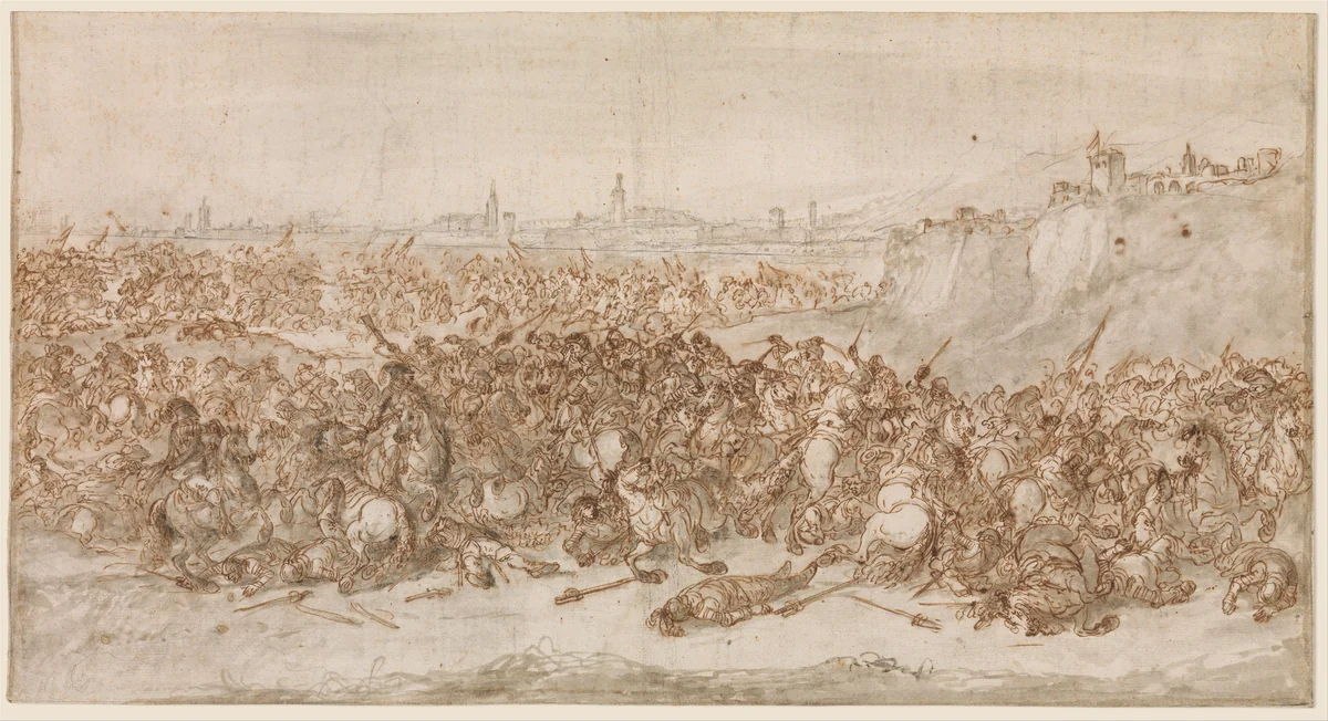 A Cavalry Battle before a City by Francesco Antonio Simonini, drawing, 1686-1760