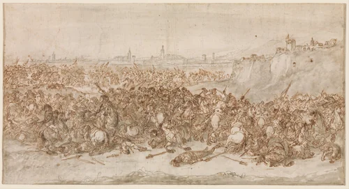 A Cavalry Battle before a City by Francesco Antonio Simonini, drawing, 1686-1760