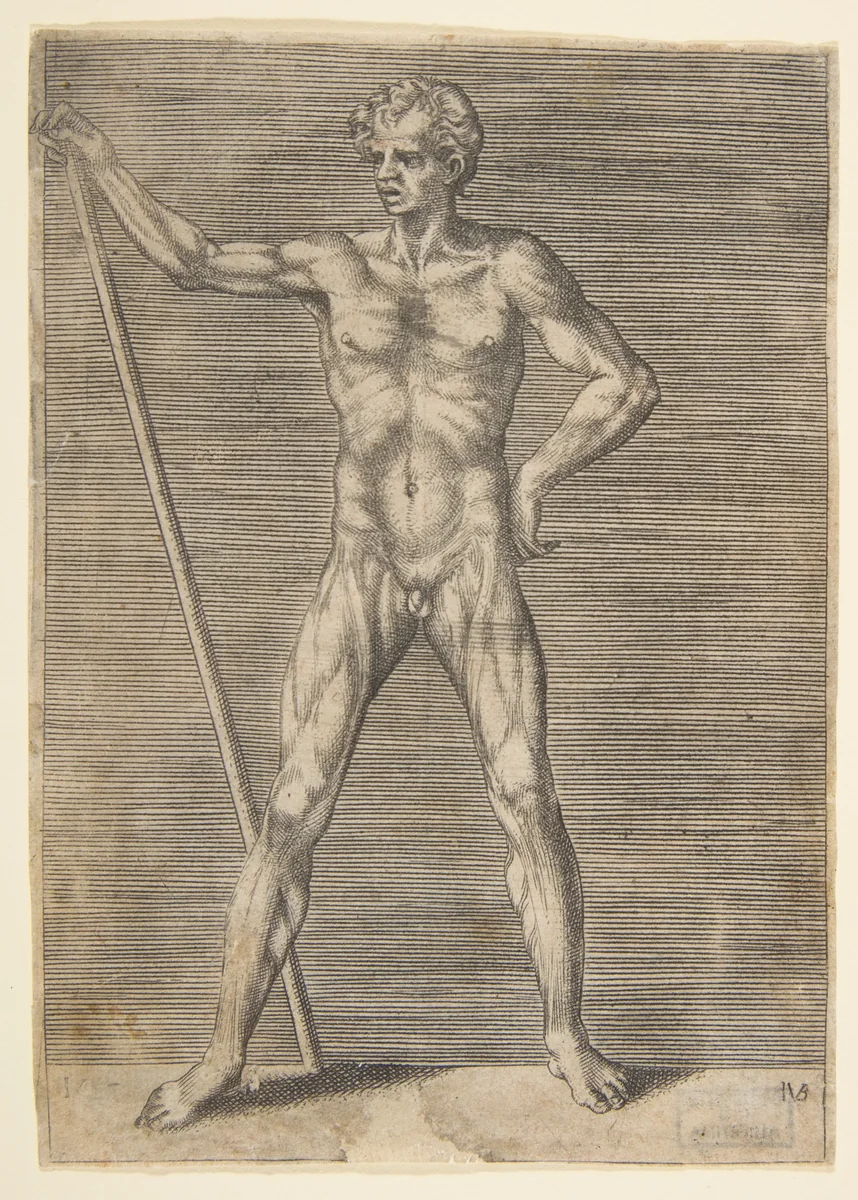 Flayed man seen from in front, holding a stick by Giulio Bonasone, print, 1526-1536