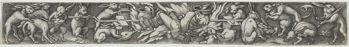 Rabbits Roasting a Hunter and His Dogs by Virgilius Solis, print, 1530-1562