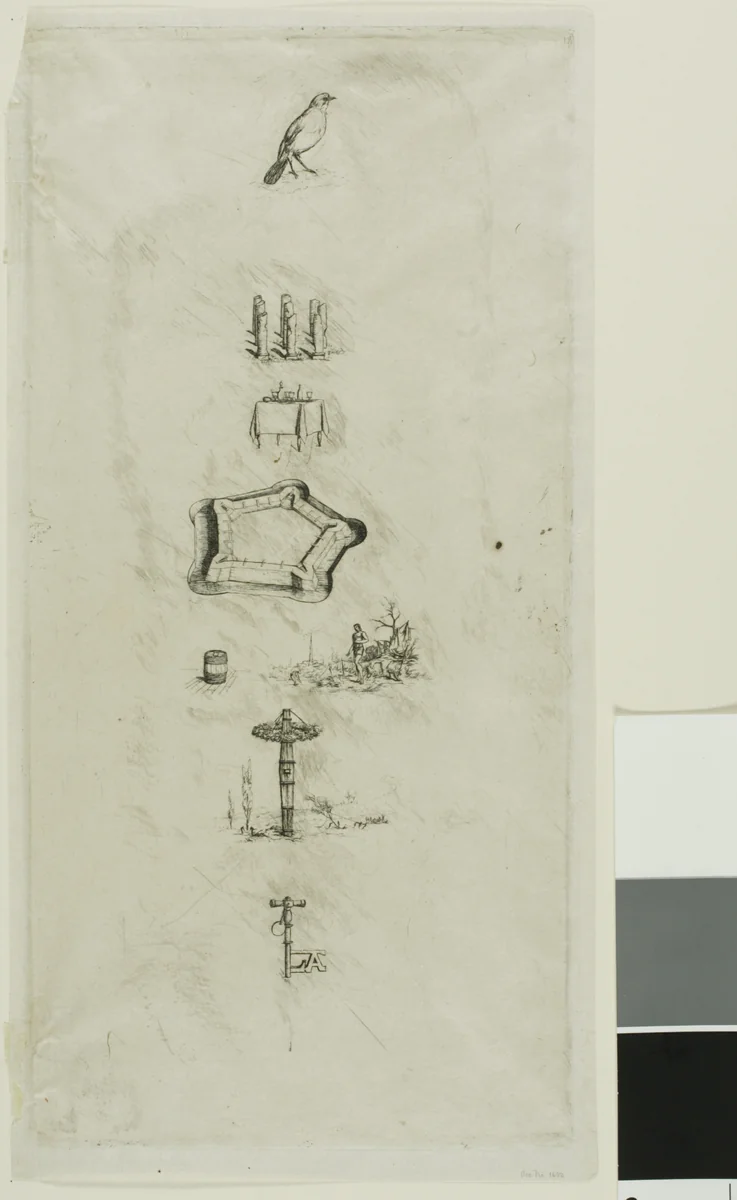 Rebus: Béranger was not Really Strong, for he Never had the Key of the Fields by Charles Meryon, print, 1863