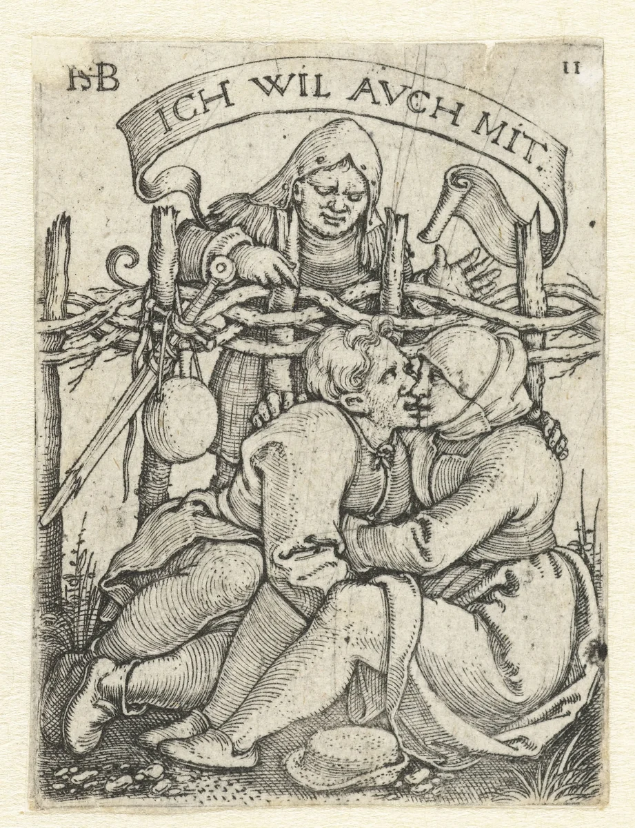 Vrijende man en vrouw begluurd door een meisje by Unknown, print, 1537