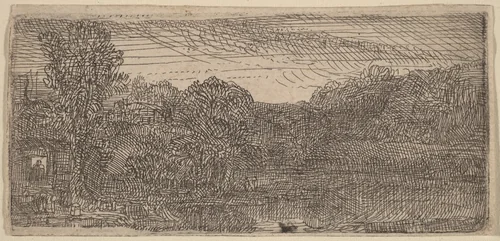 Small Gray Landscape: a House and Trees beside a Pool by Rembrandt van Rijn, print, 1640