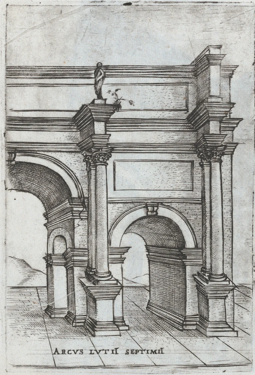 Tenplus Veneris, from a Series of Prints depicting (reconstructed) Buildings from Roman Antiquity by Monogrammist G.A. with the Caltrop, book, 1530-1550