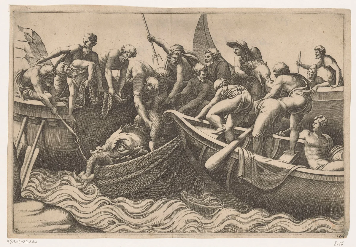 Vangst van twee grote vissen by Unknown, print, 1540-1585
