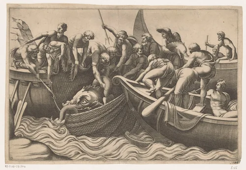 Vangst van twee grote vissen by Unknown, print, 1540-1585