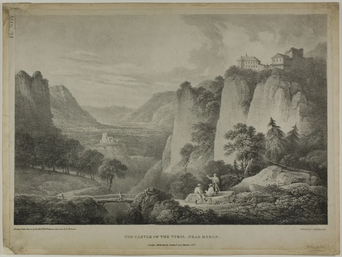 The Castle of the Tyrol, Near Meran by Francis Nicholson, print, 1822
