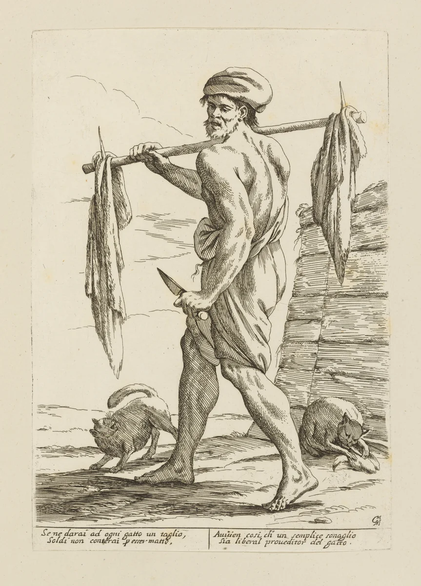 Butcher with Two Cats, from Di Bologna l'Arti per via D'An.ibal' Ca.rac, plate 16 by Giuseppe Maria Mitelli, print, 1660