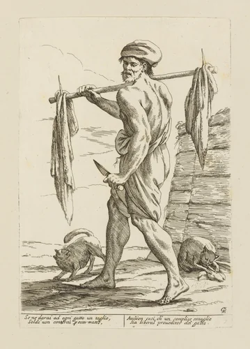 Butcher with Two Cats, from Di Bologna l'Arti per via D'An.ibal' Ca.rac, plate 16 by Giuseppe Maria Mitelli, print, 1660