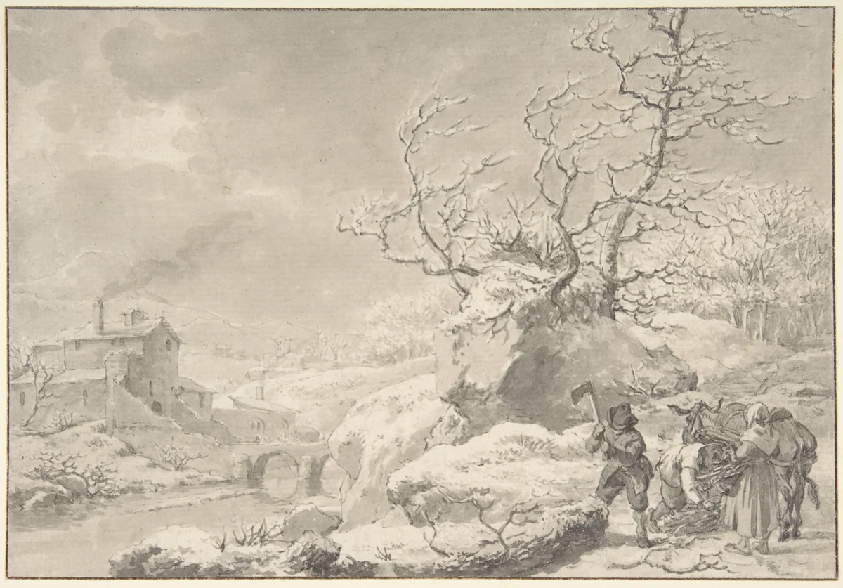 Winter Landscape with Peasants Gathering and Chopping Wood by Jacob Cats, drawing, 1784