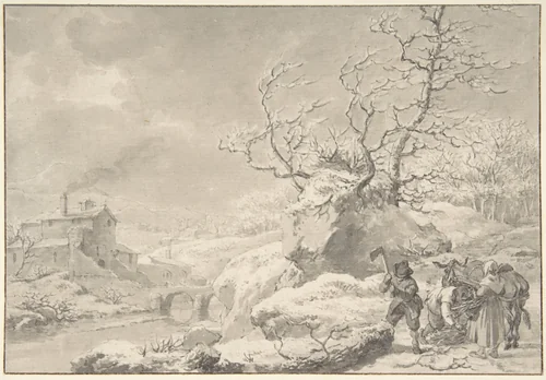 Winter Landscape with Peasants Gathering and Chopping Wood by Jacob Cats, drawing, 1784
