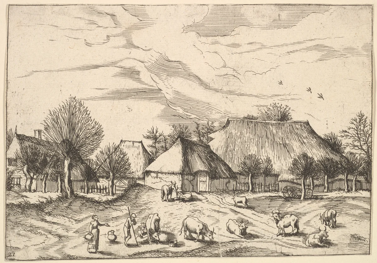 Farms, cattle with herdsmen and milkmaids in the foreground from Multifariarum casularum ruriumque lineamenta curiose ad vivum expressa by Johannes van Doetecum, print, 1559-1561