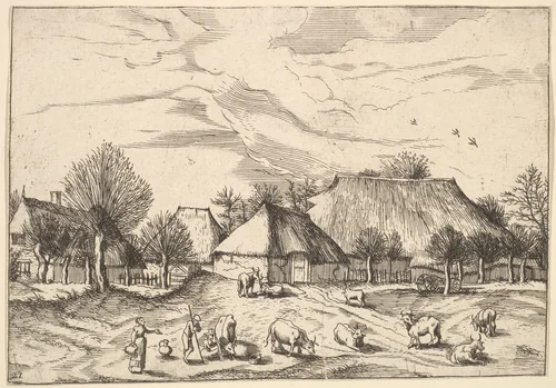 Farms, cattle with herdsmen and milkmaids in the foreground from Multifariarum casularum ruriumque lineamenta curiose ad vivum expressa by Johannes van Doetecum, print, 1559-1561