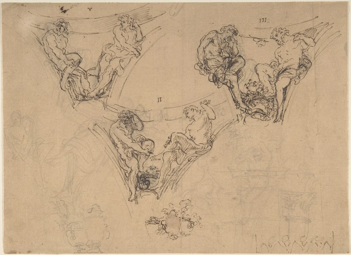 Three Studies for Spandrel Figures by anonymous, drawing, 1600-1699