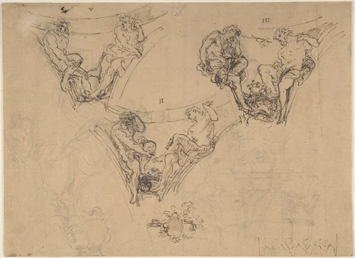Three Studies for Spandrel Figures by anonymous, drawing, 1600-1699