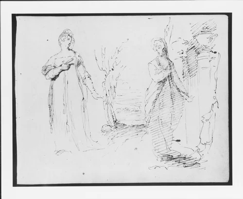 Two Standing Women Flanking an Opening onto a Landscape, Two Pedistals with Urns at Right (from Sketchbook) by Thomas Sully, artwork, 1810-1820
