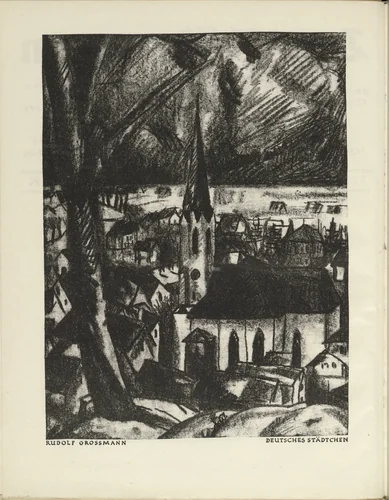 German Town (Deutsches Städtchen) (plate, folio 6 verso) from the periodical Der Bildermann, vol. 1, no. 3 (May 1916) by Rudolf Grossmann, periodical, 1916