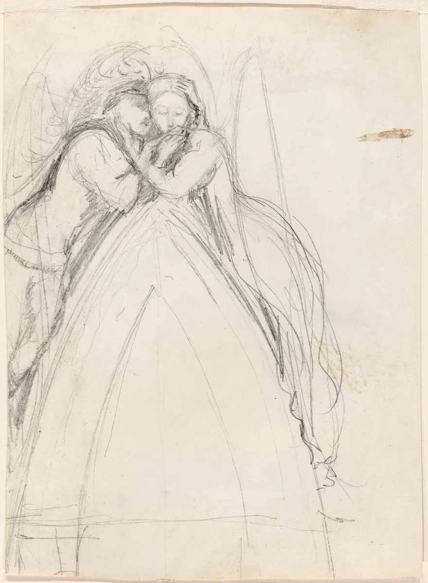 Design for a Gothic Arch with the Artist and Effie Ruskin Embracing (recto); Design for a Gothic Arch with Effie as an Angel (verso) by John Everett Millais, drawing, 1853