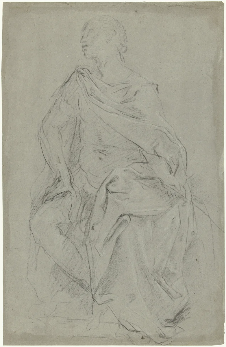 Studie voor een zittende gekroonde figuur by Giacomo Sementi, drawing, 1625-1635