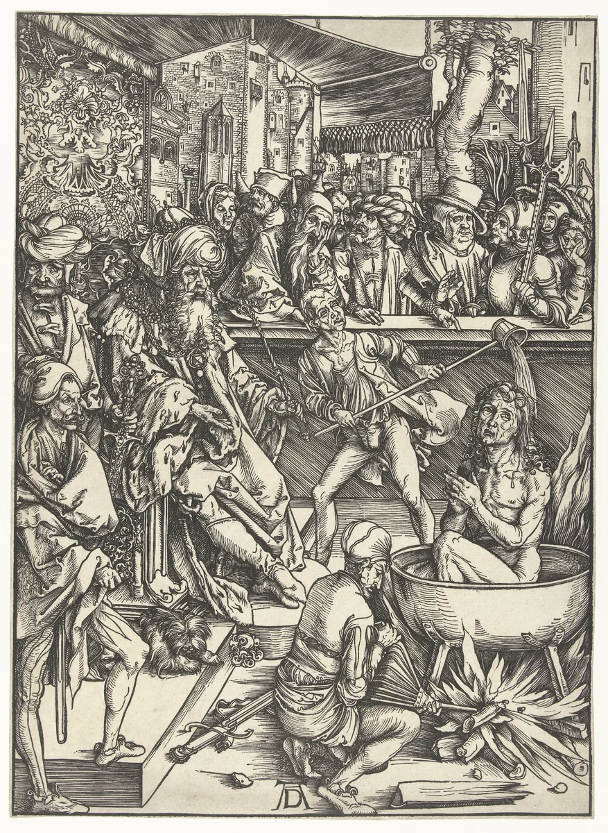 Het martelaarschap van Johannes de Evangelist by Unknown, print, 1496-1497