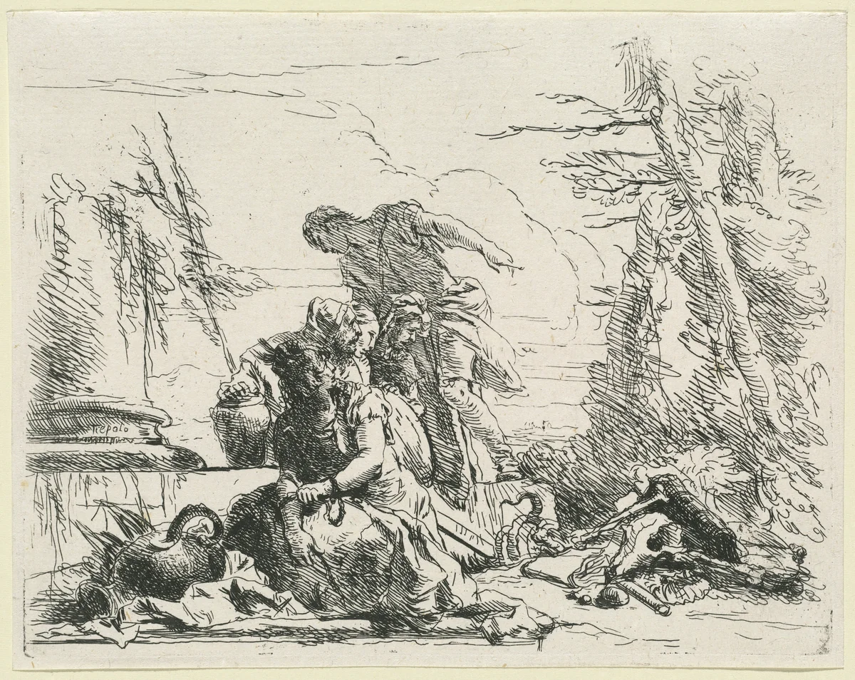 Women and Men Regarding a Burning Pyre of Bones by Giovanni Battista Tiepolo, print, 1785