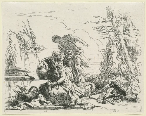 Women and Men Regarding a Burning Pyre of Bones by Giovanni Battista Tiepolo, print, 1785