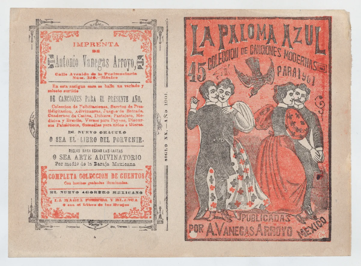 Cover for 'La Paloma Azul : Coleccion de Canciones Modernas Para 1901', two couples dancing while a dove flies in between them by José Guadalupe Posada, print, 1896-1906