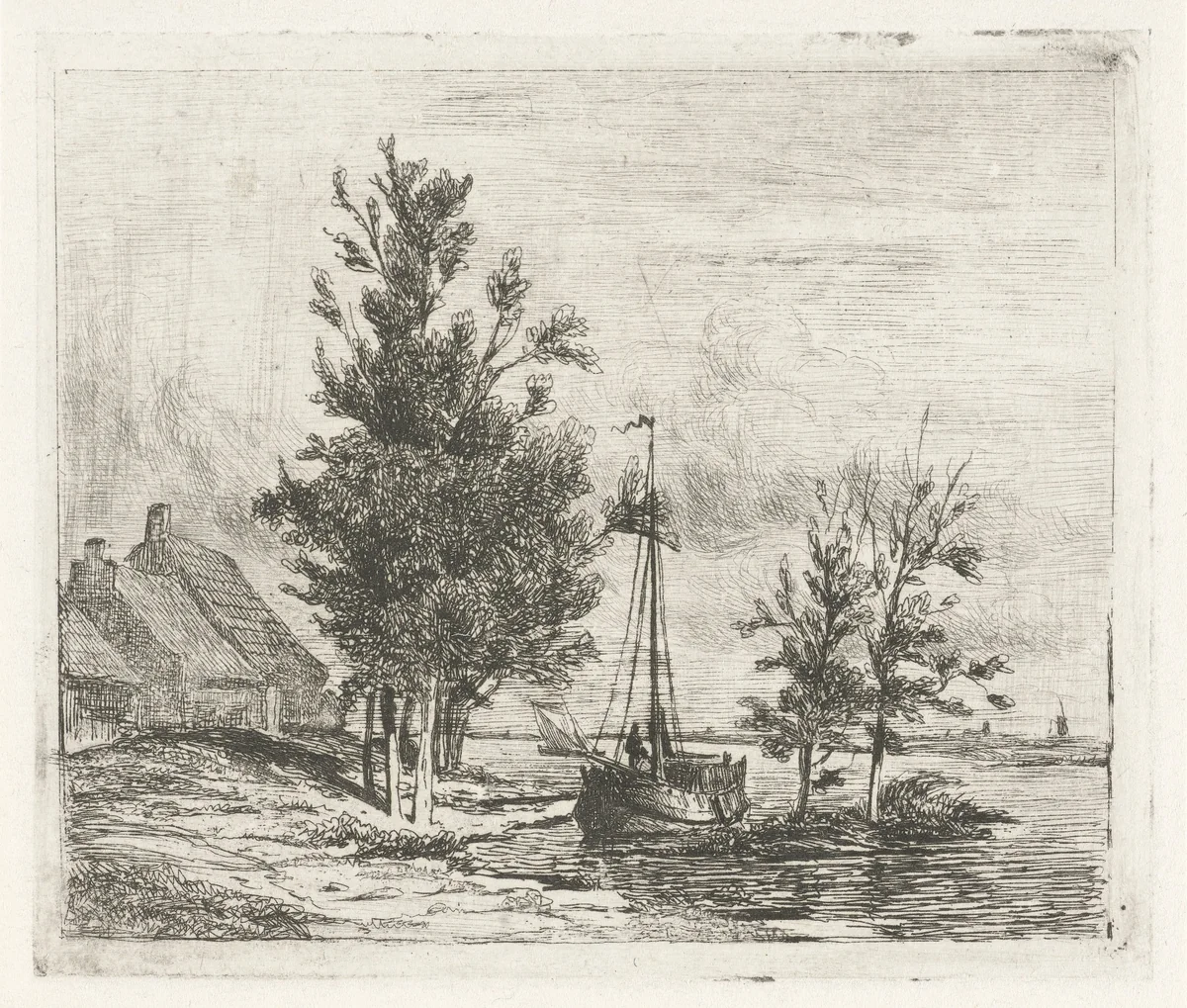 Rivierlandschap met zeilschip en boerderij by Lambertus Hardenberg, print, 1837-1900