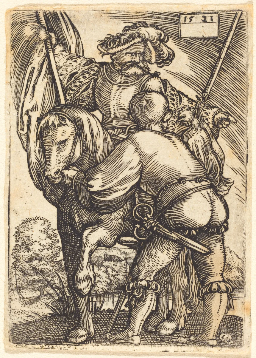 Riding Standard Bearer and Foot Soldier by Barthel Beham, print, 1521