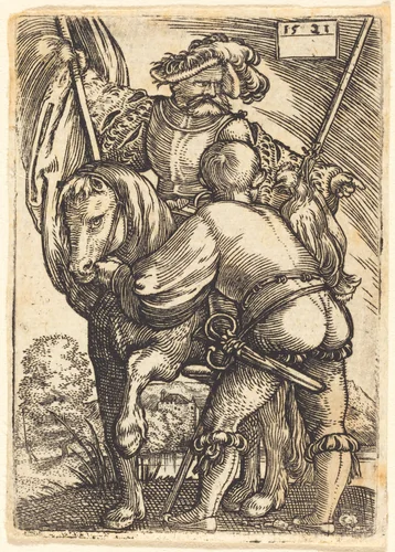 Riding Standard Bearer and Foot Soldier by Barthel Beham, print, 1521
