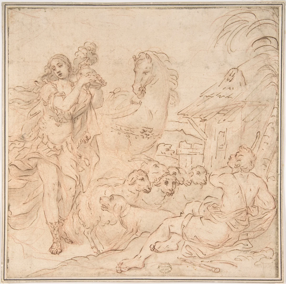 Erminia and the Shepherds (a scene from Torquato Tasso's Gerusalemme Liberata) by anonymous, drawing, 1650-1700