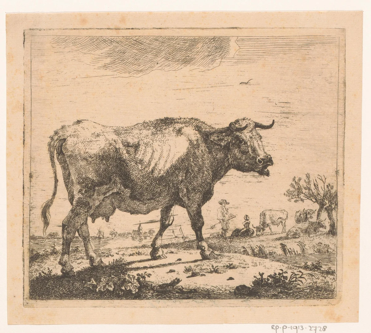 Loeiende koe by Jean Baptiste de Roy, print, 1769-1839