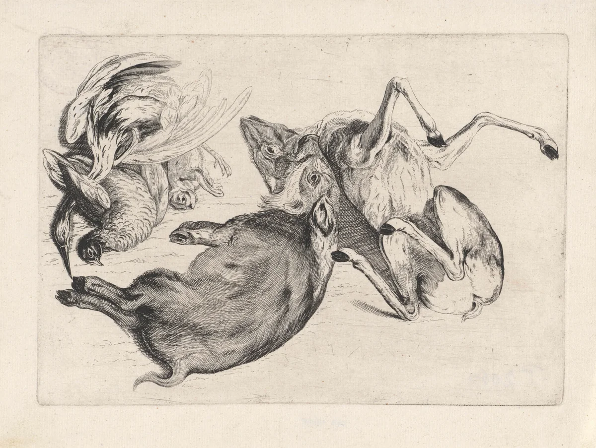 Geschoten wild: een dood wild zwijn, hert, reiger en ander wild by anonymous, print, 1646-1647