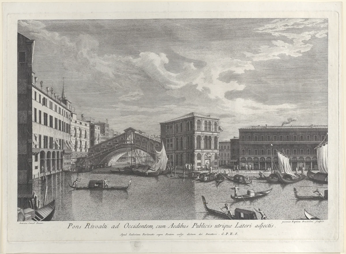 The Rialto Bridge, Venice, with boats and gondolas in the water by Giovanni Battista Brustolon, print, 1763