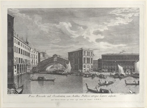 The Rialto Bridge, Venice, with boats and gondolas in the water by Giovanni Battista Brustolon, print, 1763